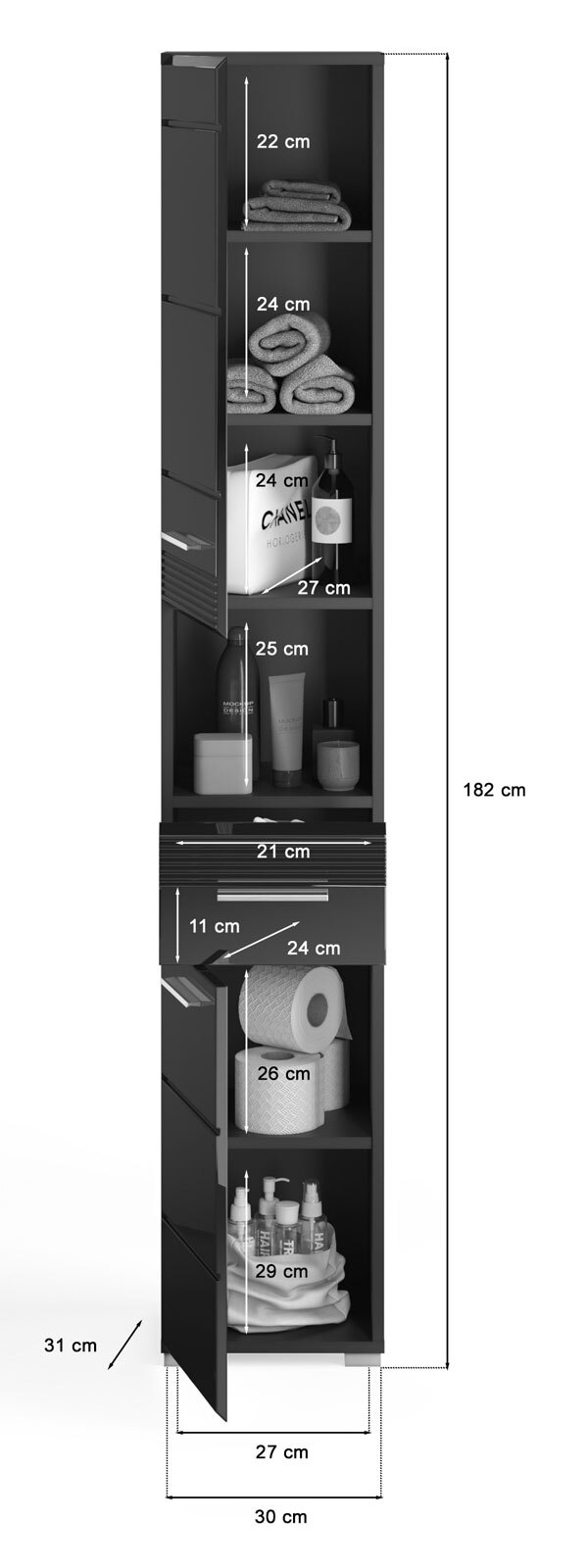 Bad Hochschrank LINUS 30 x 182 cm schwarz