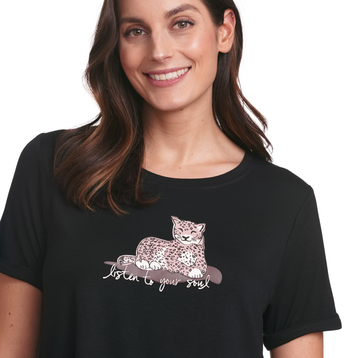 Gna Benotti Damen Schlafshirt mit Leoparden-Print schwarz