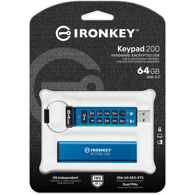 Kingston Technology IronKey Keypad 200 de 64 Go, FIPS 140-3 niveau 3 (en attente), chiffrement AES-256