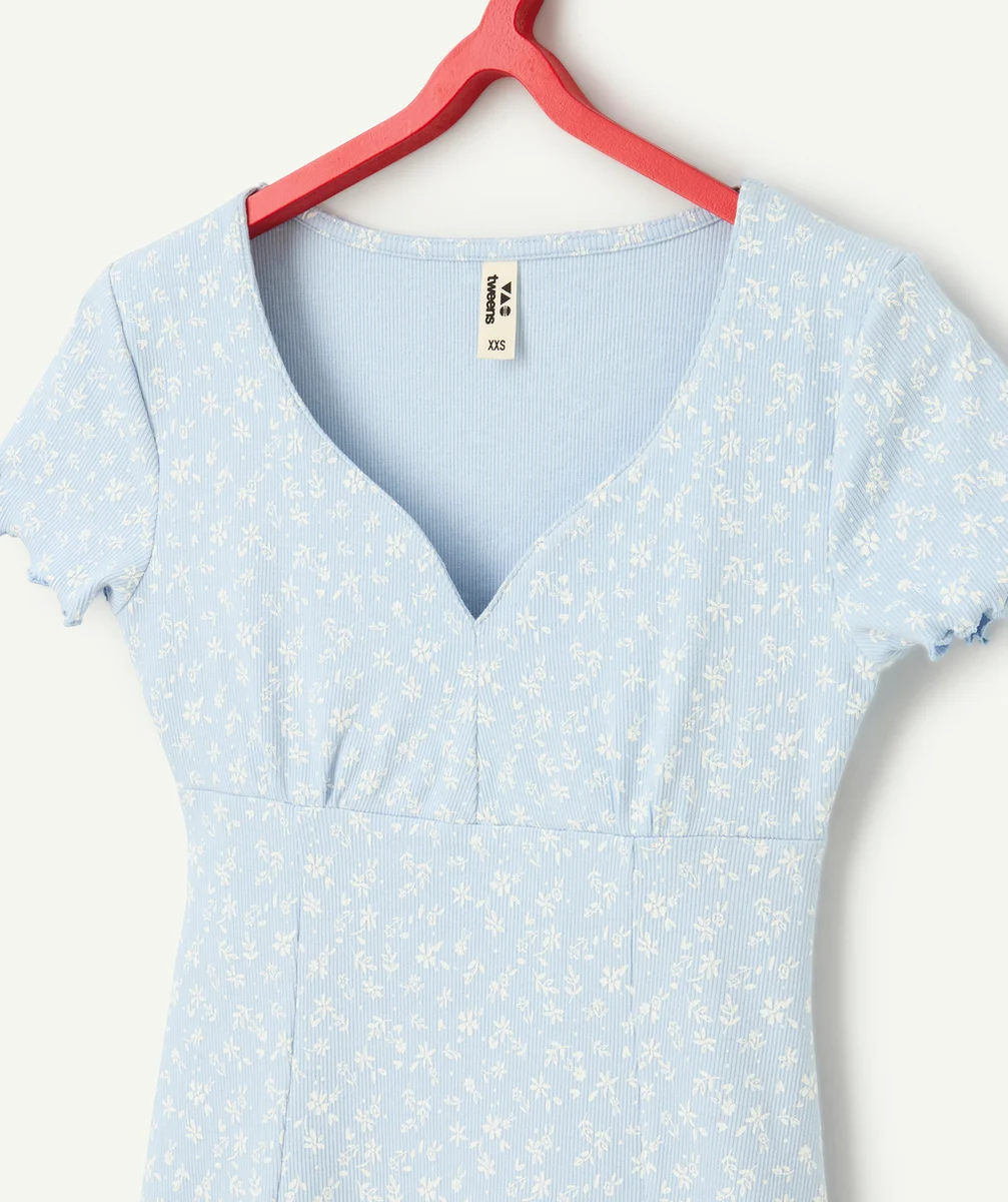 robe fille en coton bio bleu imprimé fleuris