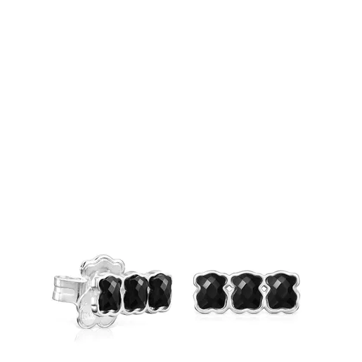 Brincos TOUS Mini Onyx Prateados com Três Ursos de Ônix