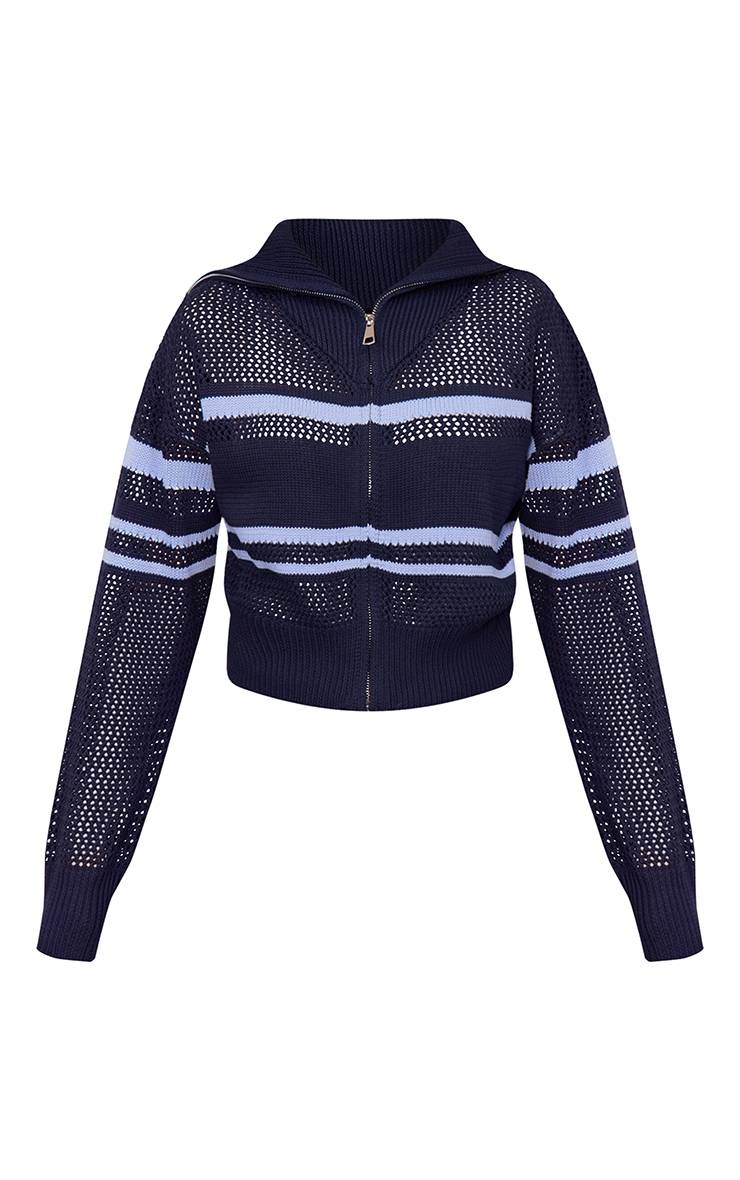 Bleu Marine Synthétiquell Court En Maille Crochet À Col Montant Et Rayures Contrastées