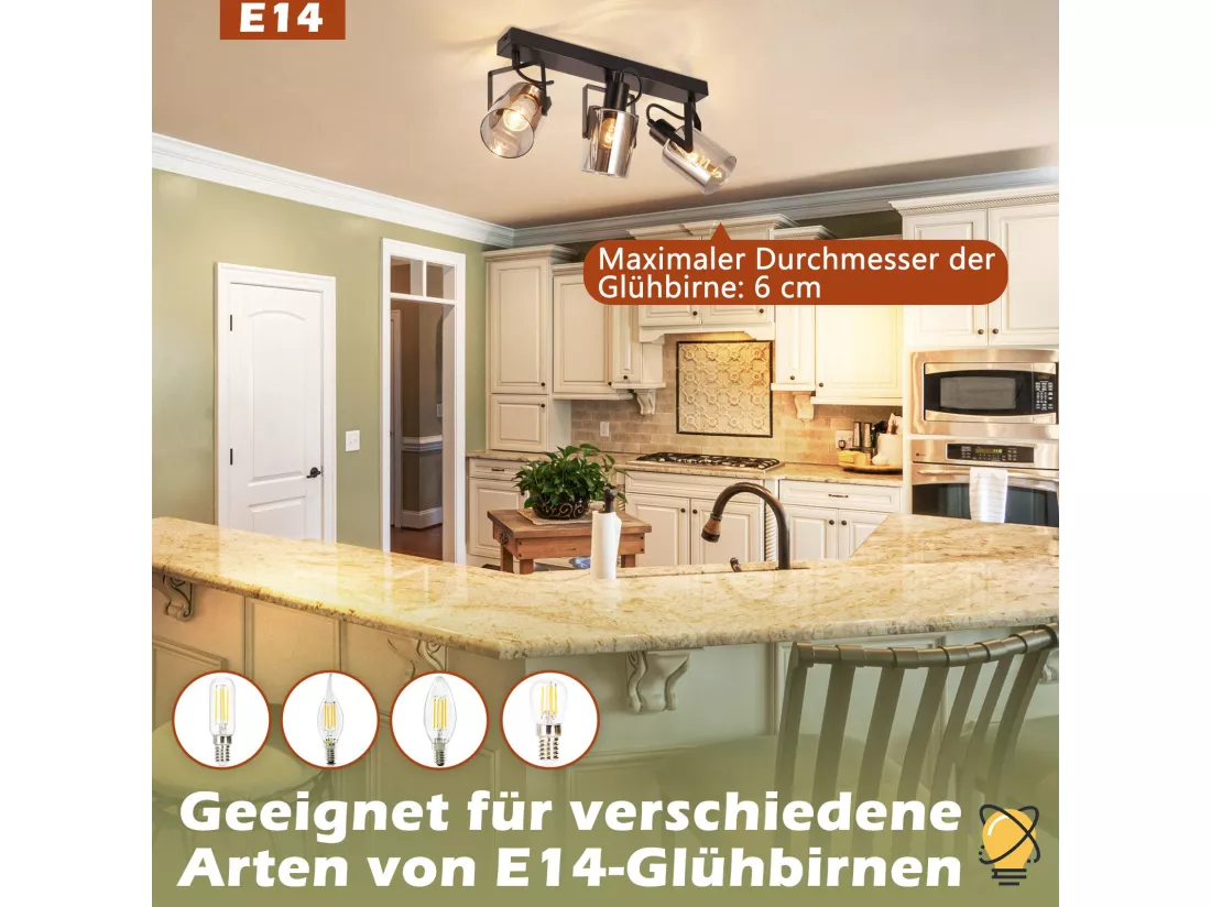 NETTLIFE Spot de plafond Spots de plafond noirs 3 ampoules orientable 350° E14 spots verre