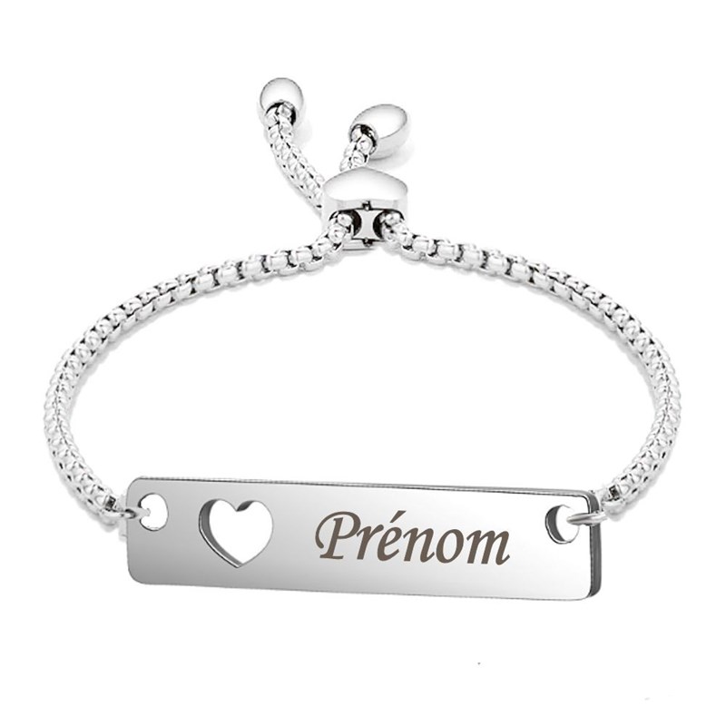 Bracelet coeur plaque gravure personnalisée ajouré acier inoxydable poli