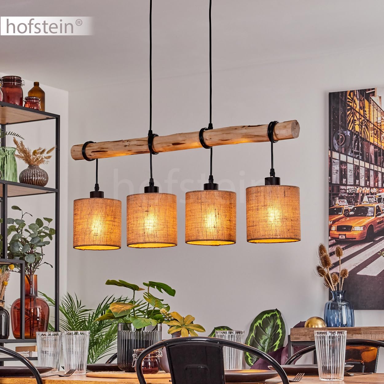 HOFSTEIN Pendelleuchte Soungou, moderne Hängelampe aus Holz/Metall/Leinen in Natur/Schwarz/Beige, 4-flammige Hängeleuchte im skandinavischen Design, Höhe max. 180 cm, E27, Wohnzimmer, Esszimmer, Küche