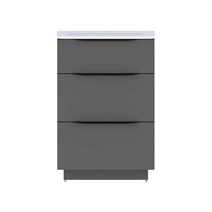 Meuble sous vasque à poser Pamili gris anthracite brillant 60 cm + plan vasque en résine blanc