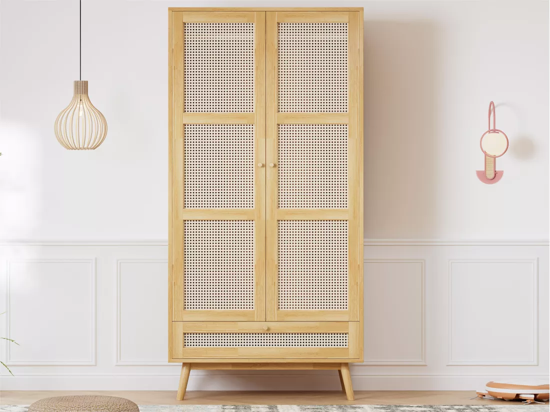 Armoire avec tringle - 2 portes grillagées en rotin et 1 compartiment abattant - Naturel