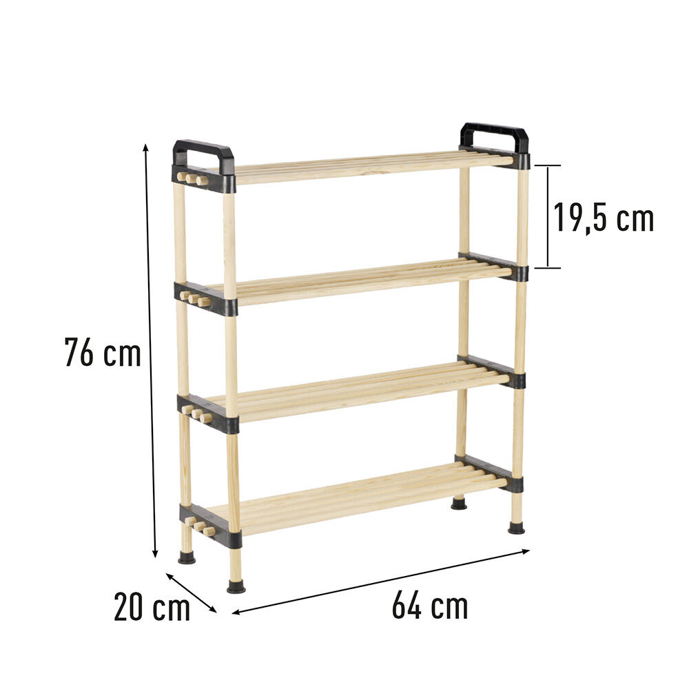 Range chaussures 4 niveaux bois beige et plastique noir - 64x20xH76cm