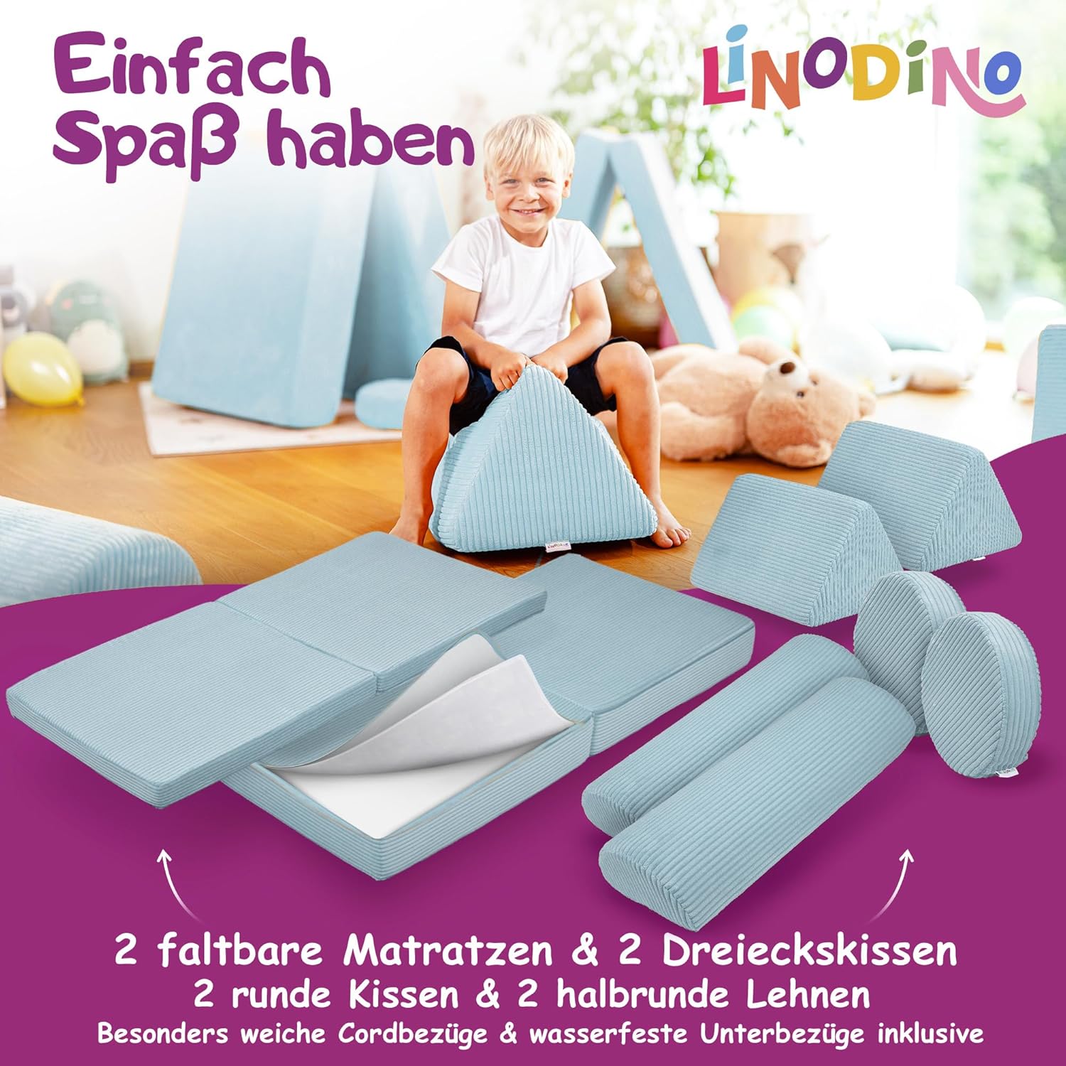 Linodino® Spielsofa Cord Fantasiewelt, Kindersofa-Bausteine - Stapelsteine für Kinder - Kindercouch, Sofa-Kuschelecke | Schaumstoff-Softbausteine | Oeko-TEX 100 Zertifiziert | Einhornblau