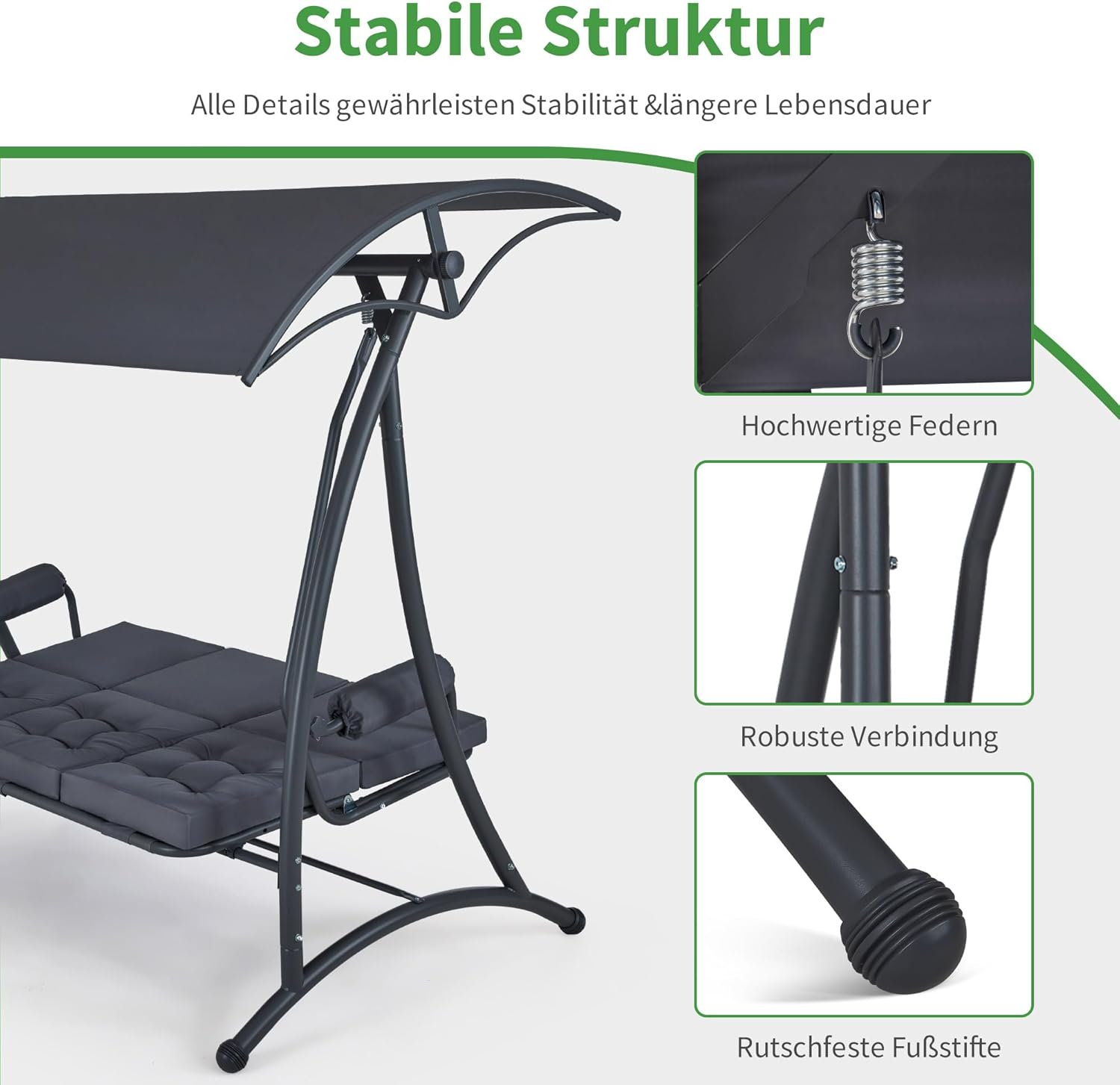 M MCombo 3-Sitzer Hollywoodschaukel mit Liegefunktion, 3 Extradickem Sitzkissen & Silent-Haken, Ruhige Gartenschaukel bis 300kg Belastbar, 193x119x185 cm, Schaukelbank Outdoor Wetterfest 4025 (grau)