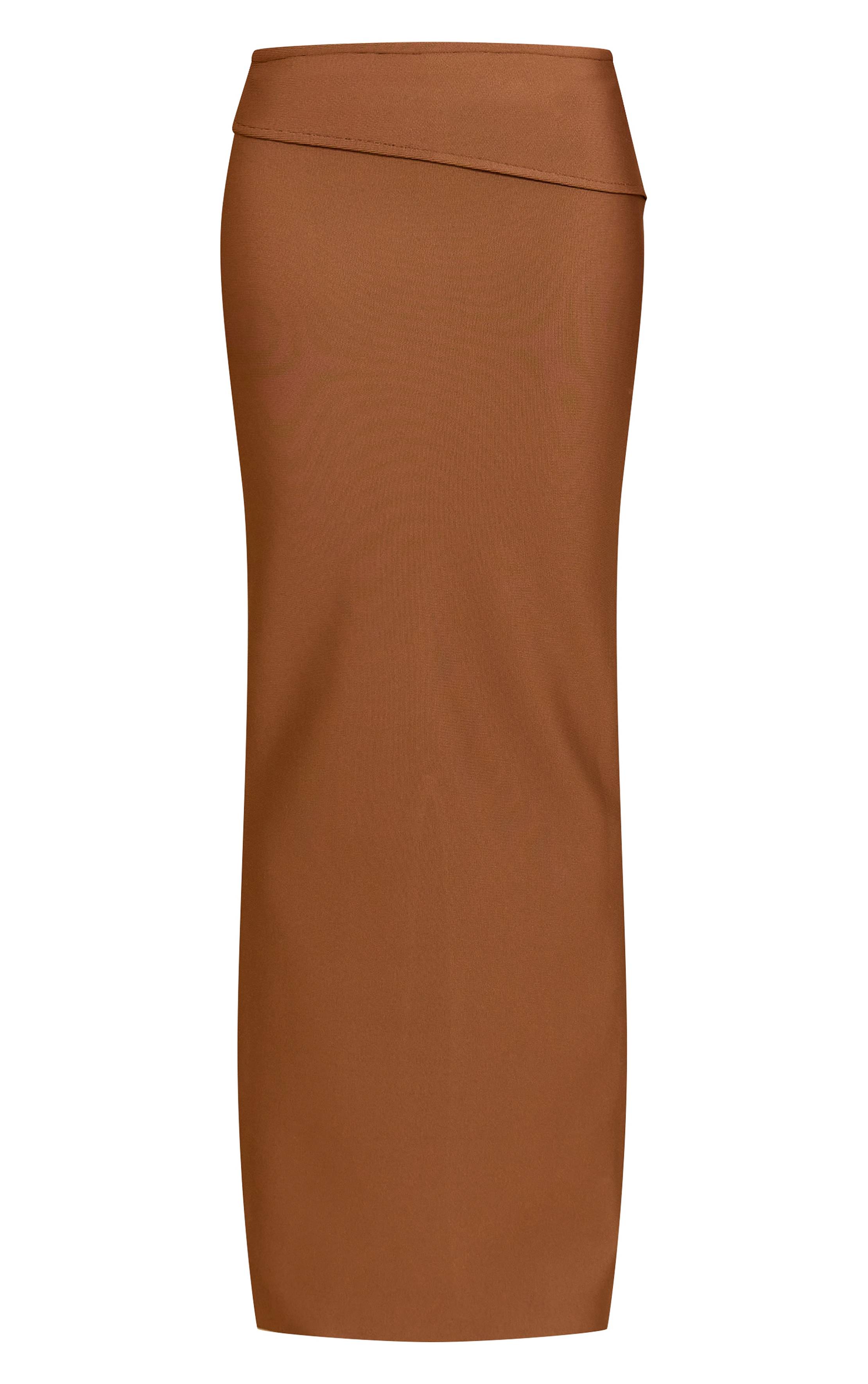 Deep Chocolate Jupe Maxi En Maille Bandage Ajustée Avec Taille Repliée Coordonnée