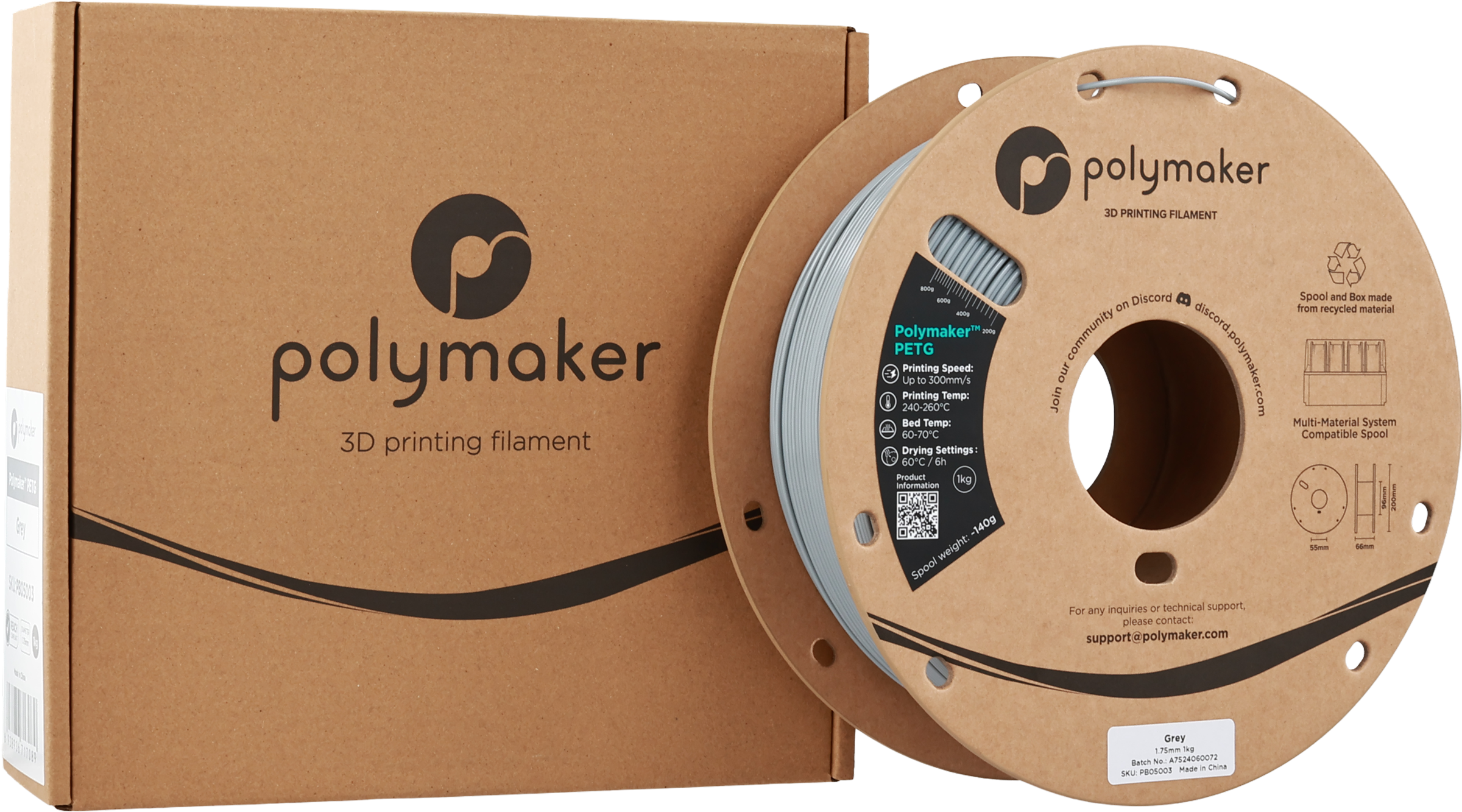 Polymaker  PETG Grey, 1,75 mm / 1000 g    Robustes PETG optimiert für High Speed Druck in Grey