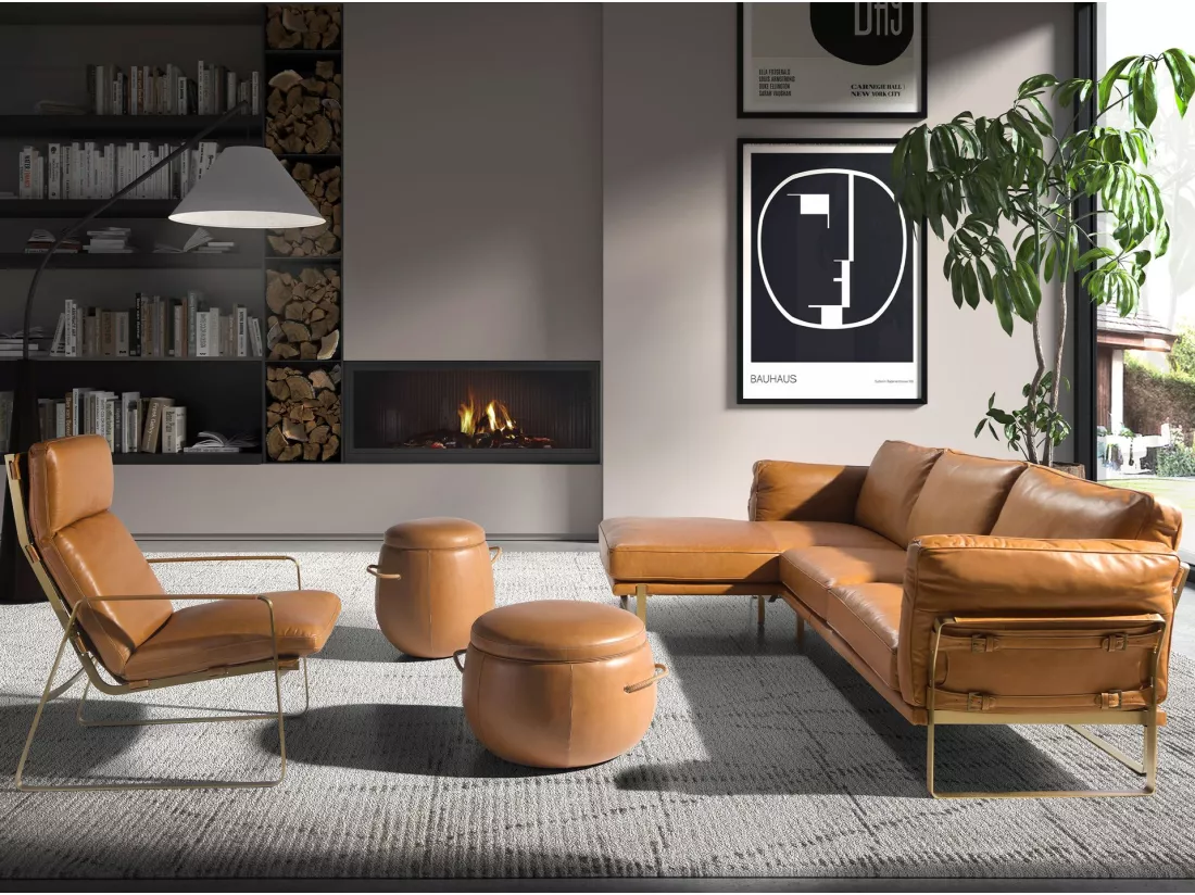 Chaise longue gauche en cuir camel
