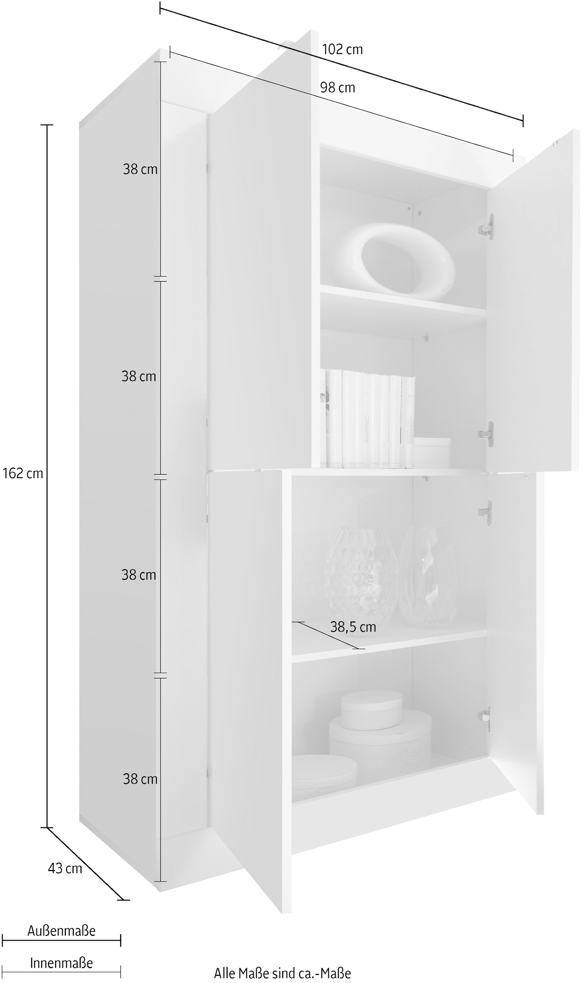 INOSIGN Highboard »Basic Höhe 162 cm, Breite 102 cm, Kommode 4 Türen, Hochkommode« Metallgriff, moderne Rahmenoptik, viel Stauraum, Farbauswahl