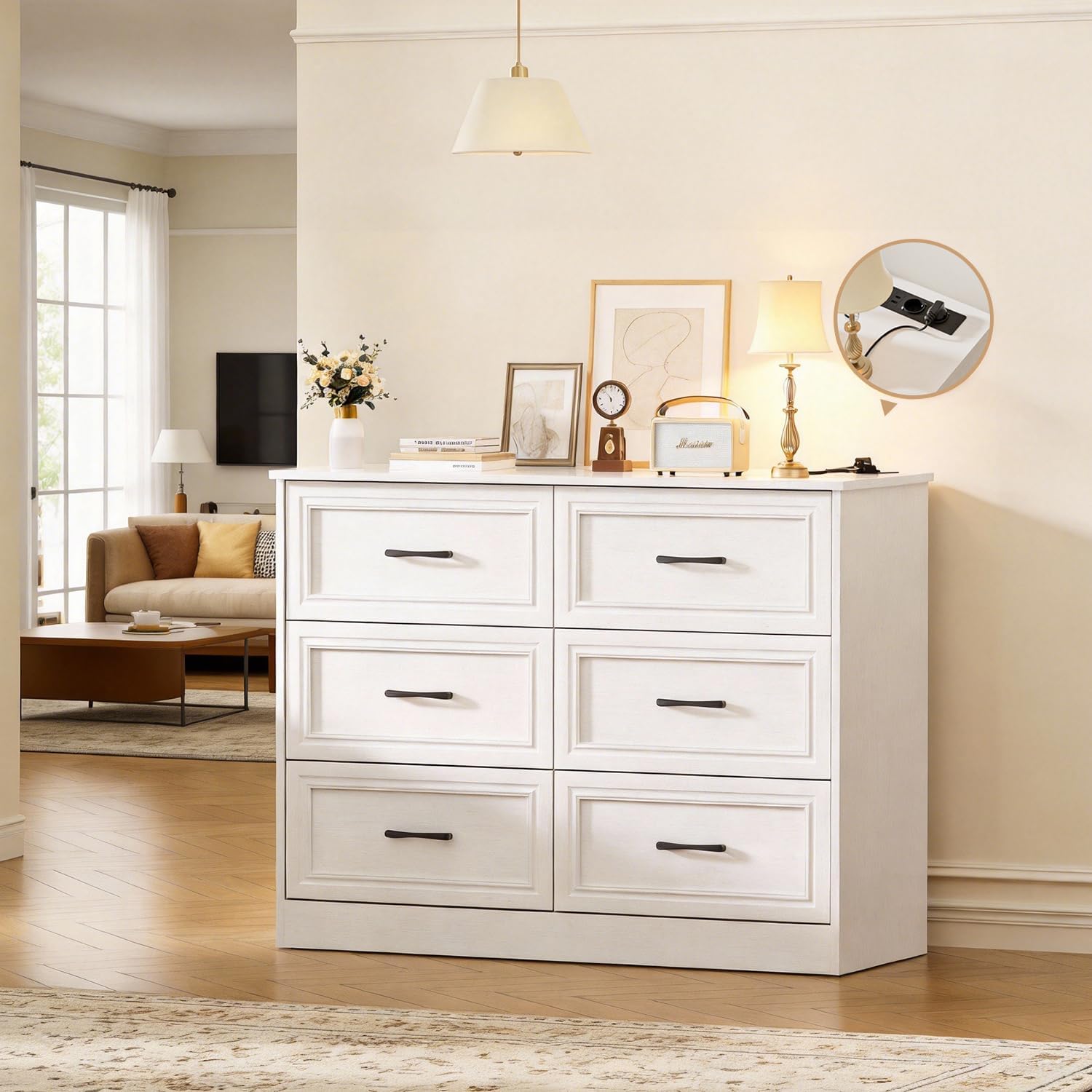 Kommode mit Steckdosen, Komode mit 6 schubladen, 2 USB & 2 AC-Anschlüssen, Komodenschrank Holz, für Schlafzimmer, Wohnzimmer, Flur, 106 x 81.5 x 39 cm, Weiß