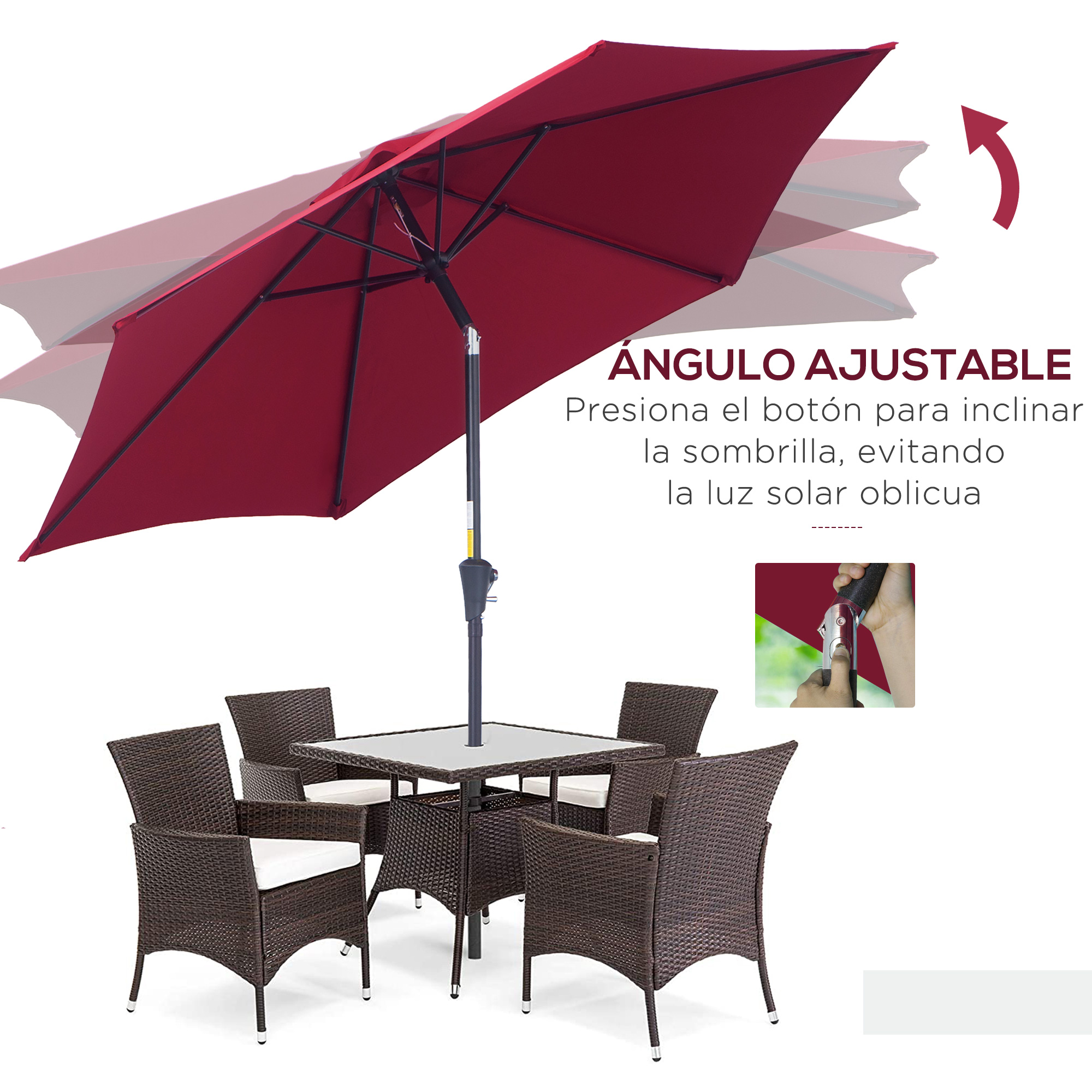 Guarda-sol de jardim Outsunny Ø260x235 cm em alumínio com cabo reclinável, manivela e 6 varetas para terraço e varanda, vermelho