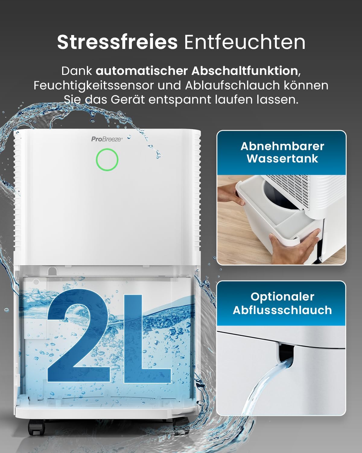 Pro Breeze OmniDry Luftentfeuchter 12L/24h Entfeuchtungsleistung - Luftentfeuchter elektrisch, Feuchtigkeitssensor, Ablaufschlauch, Digitalanzeige, Schlafmodus, Timer - Gegen Feuchtigkeit, Schimmel