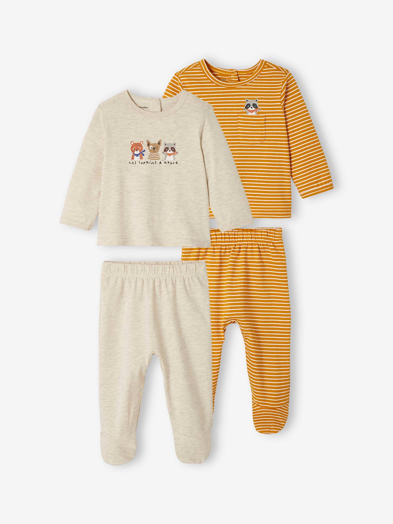 Conjunto de 2 pijamas de tricô para bebê menino, cor mostarda.