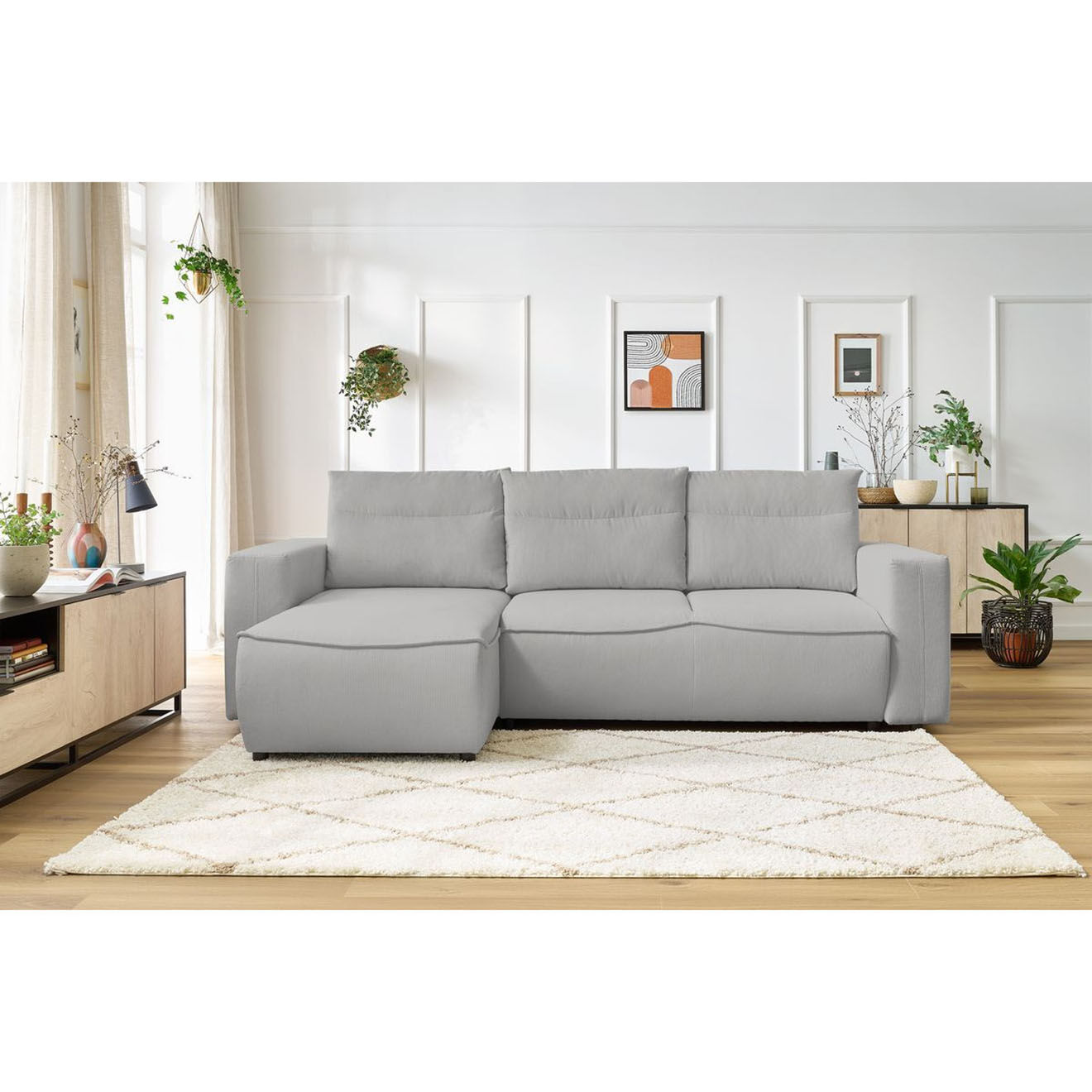 Bobochic Canapé d'angle gauche convertible coffre jasmin velours côtelé gris clair - 256x158x90 cm