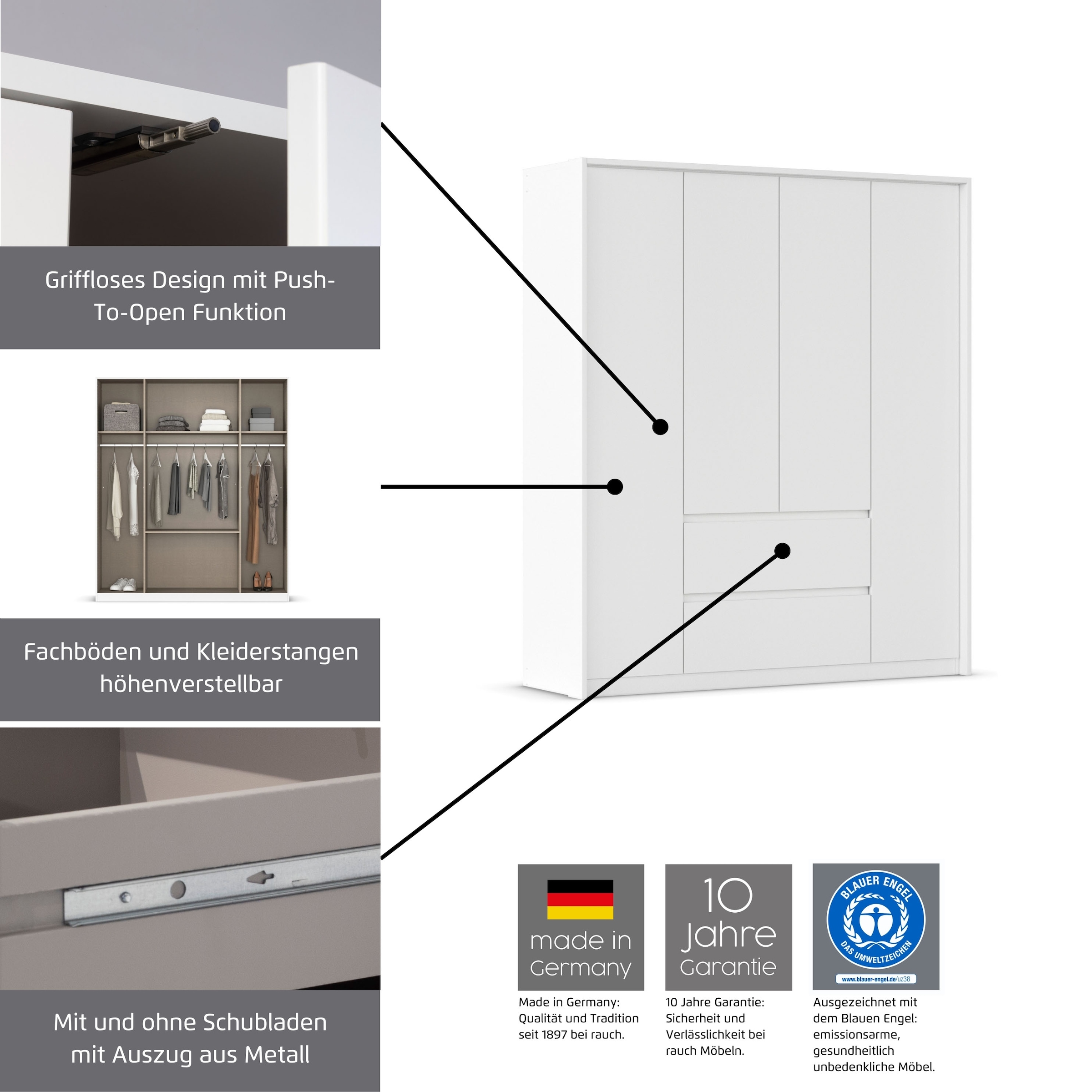 rauch Drehtürenschrank »Kleiderschrank Schrank Garderobe Garderobenschrank MAINZ« grifflose Front, Aussentüren mit Push-to-Open Funktion MADE IN GERMANY