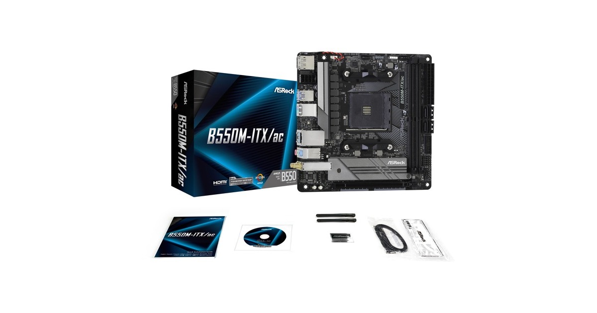 ASRockB550M-ITX/ac socket AM4 moederbord  (Zwart/grijs, RAID, Gb-LAN, WiFi 5, BT, Sound, Mini-ITX)