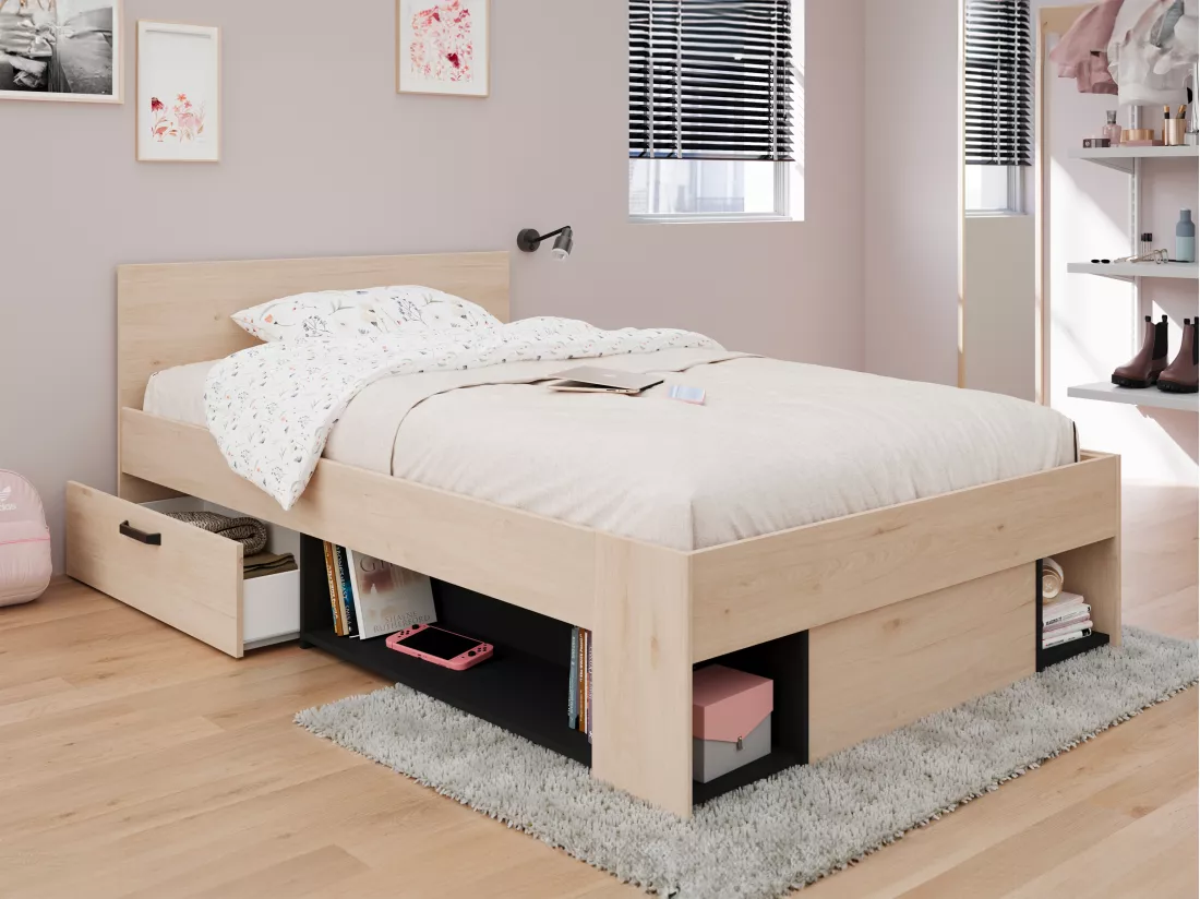 Lit 120 x 190/200 cm avec rangements - Coloris : Naturel et noir + Sommier - KINSELIA