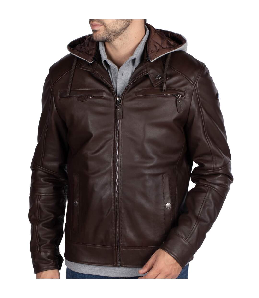 Blouson cuir à capuche amovible