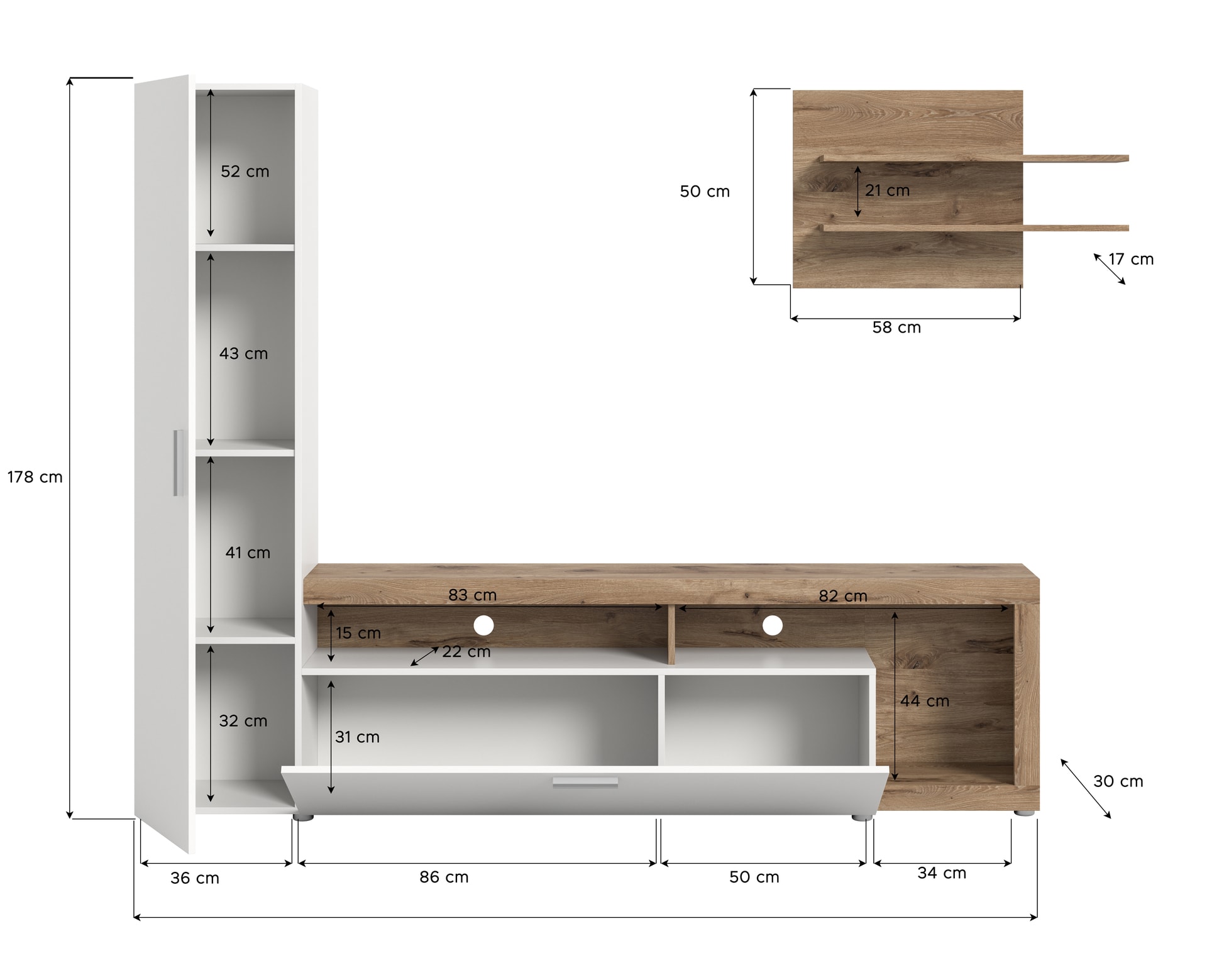 Wohnwand CROSS 2-teilig , 218x178 cm , weiss/braun