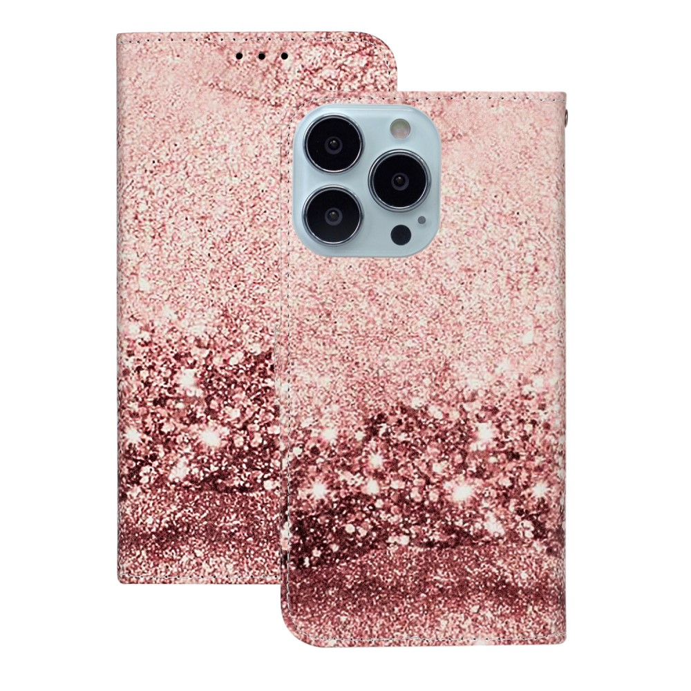 iPhone 13 Pro Leder Tasche Flip Cover Glitzer Optik - Roségold