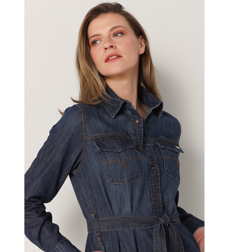 Vestido jeans curto Lois com cinto azul-marinho