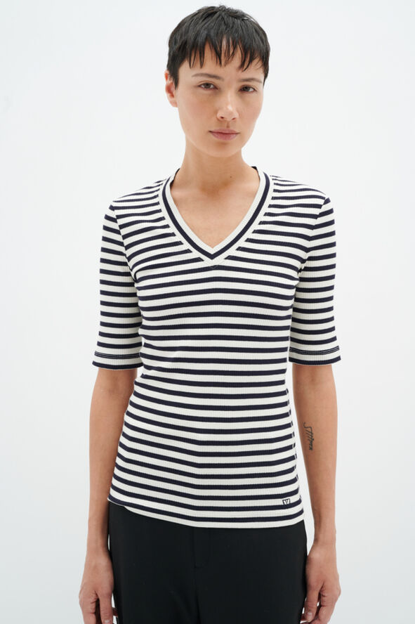 InWear DagnaIW Striped V T-Shirt Whisper white/ midnight magic