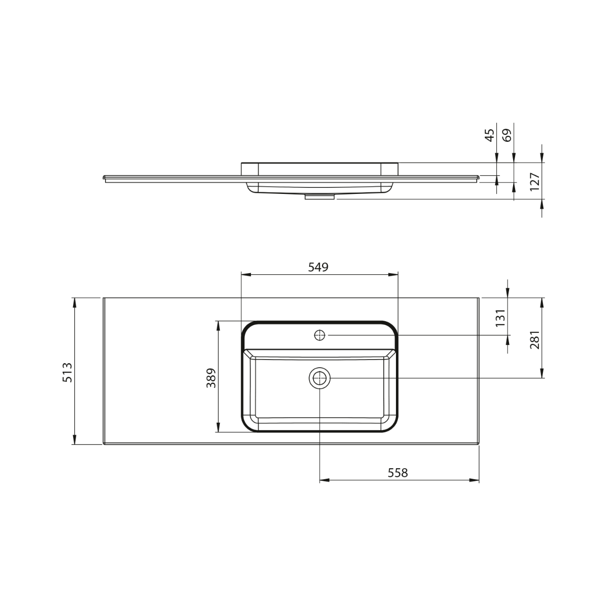 Sapho Brahea wastafel 130x50cm solid surface wit mat met brede rand en kraangat rechts