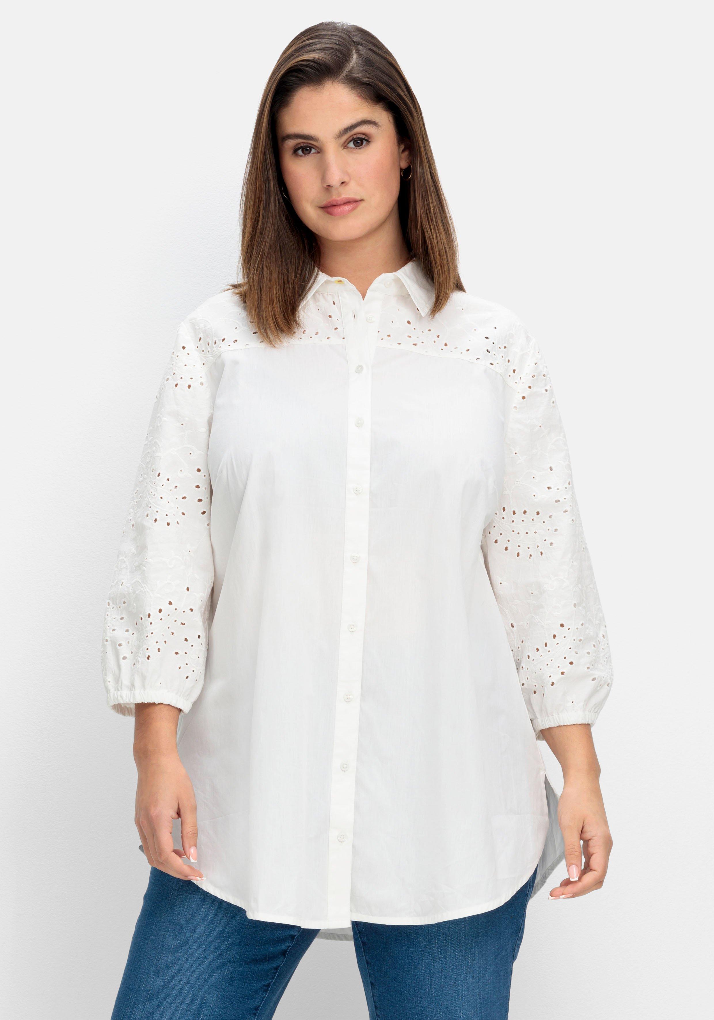 Longbluse mit Lochstickerei, gerundeter Saum