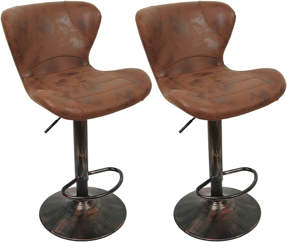 Barhocker, Vintage, 2 Stück, industrieller Barhocker aus Kunstleder, höhenverstellbar und 360° drehbar, Barstuhl mit Fußstütze und Rückenlehne (braun) KO6064321