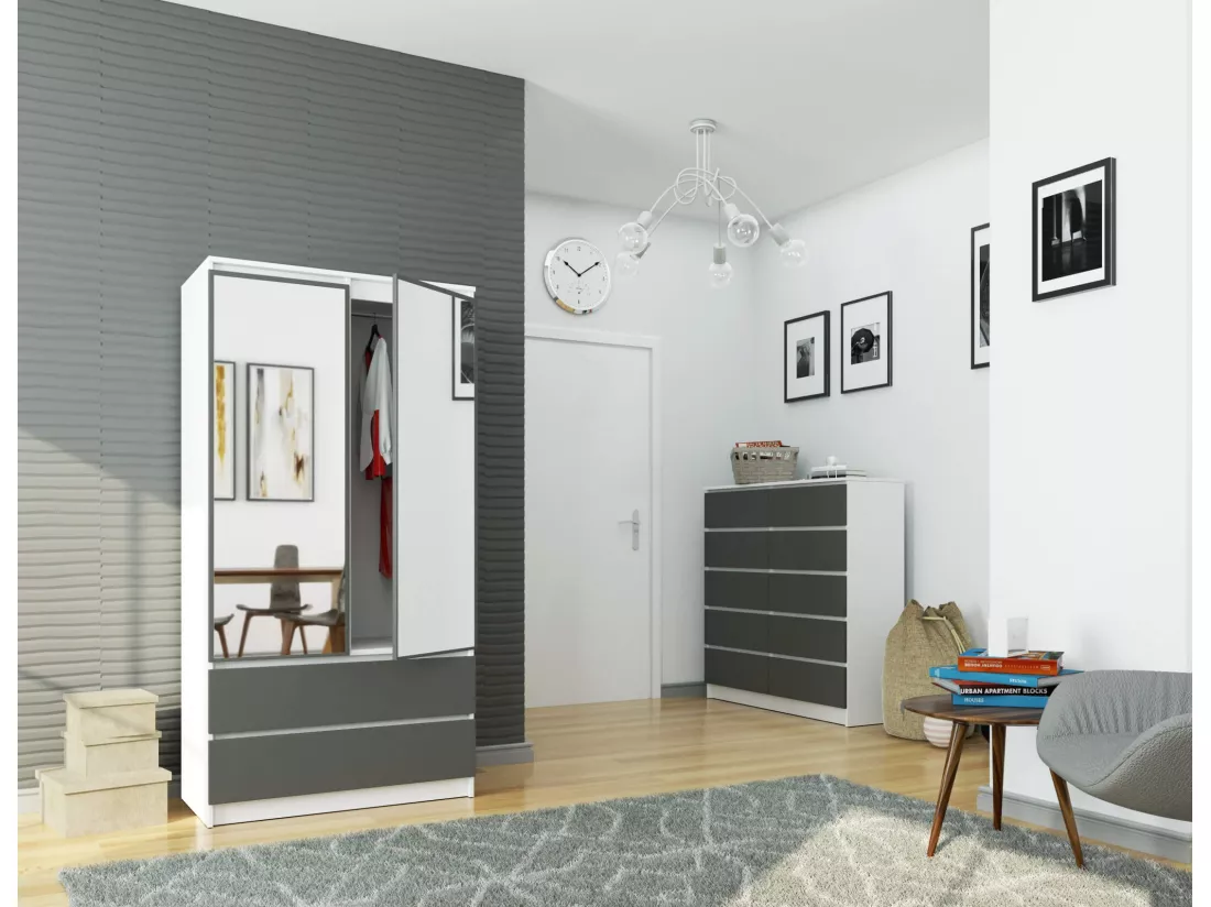 Armoire AKORD S90 avec miroir Blanche 90 cm 2 portes 2 tiroirs façade Gris Graphite 4 étagères 90x51x180 cm