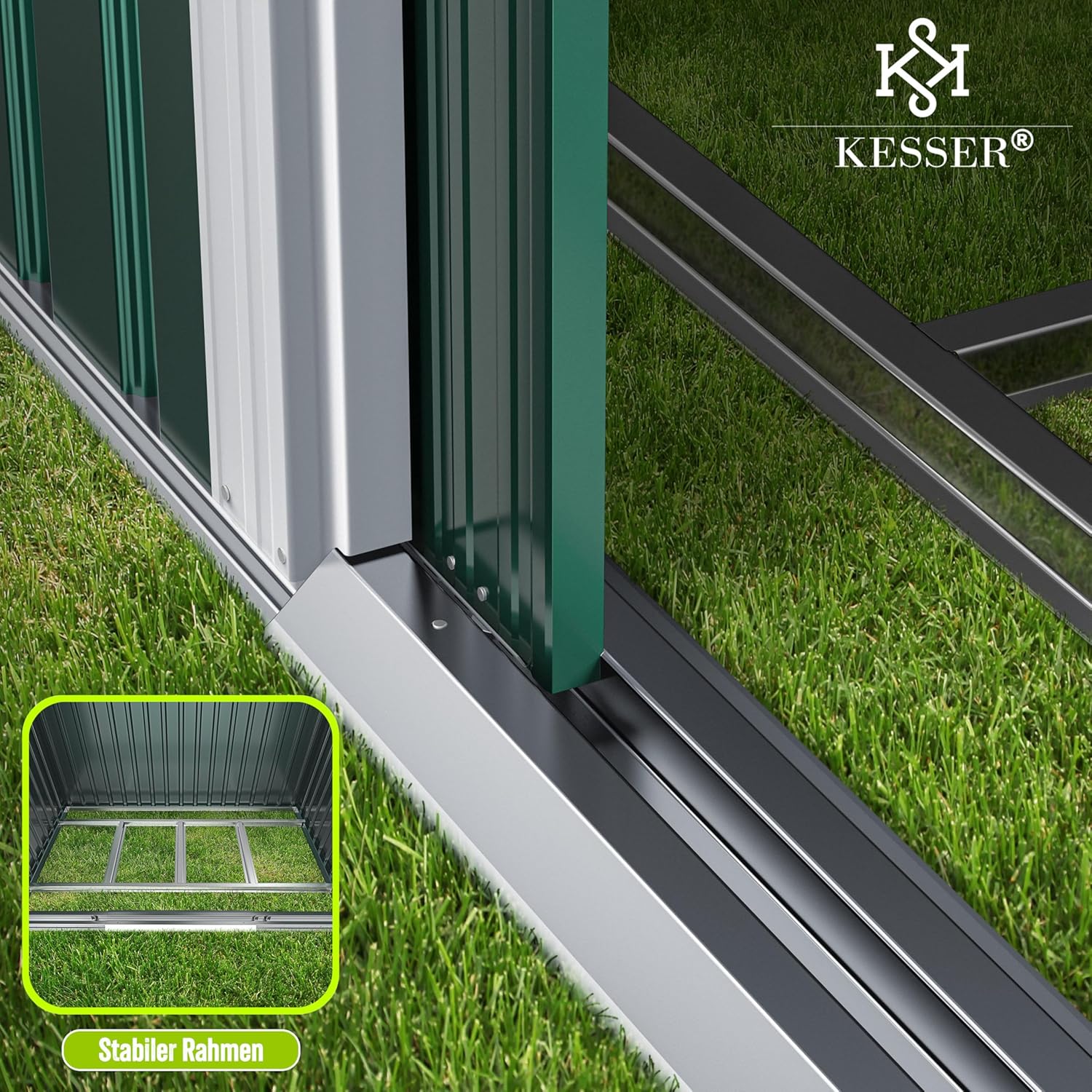 KESSER® XL Metall Gerätehaus 4,2m³ mit Fundament | Inkl. Arbeitshandschuhe | 195x131x186cm | 2X Schiebetür & Fundament | Geräteschuppen | Gartenhaus Schrank | Satteldachdach Garten Schuppen Grün