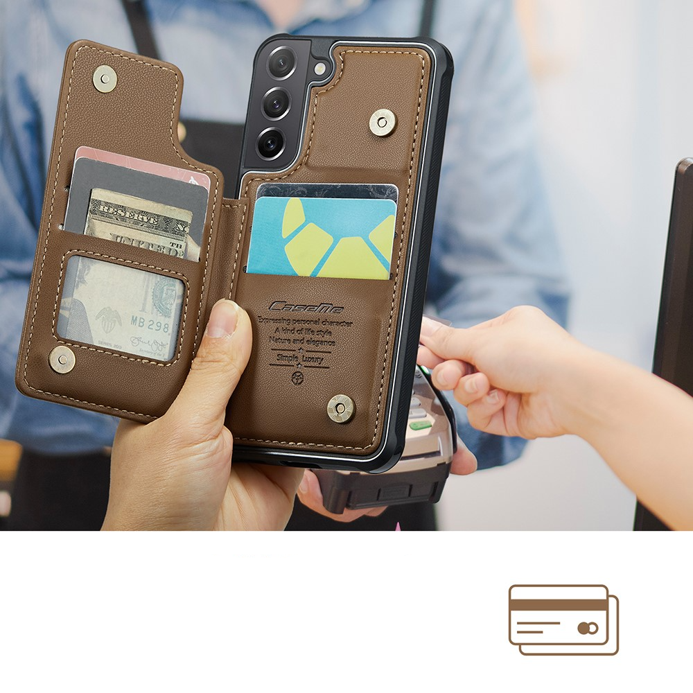 Samsung Galaxy S21 FE 5G Leder Hülle mit Kartenfächern im Litchi Look   Kickstand (RFID Schutz) - Braun