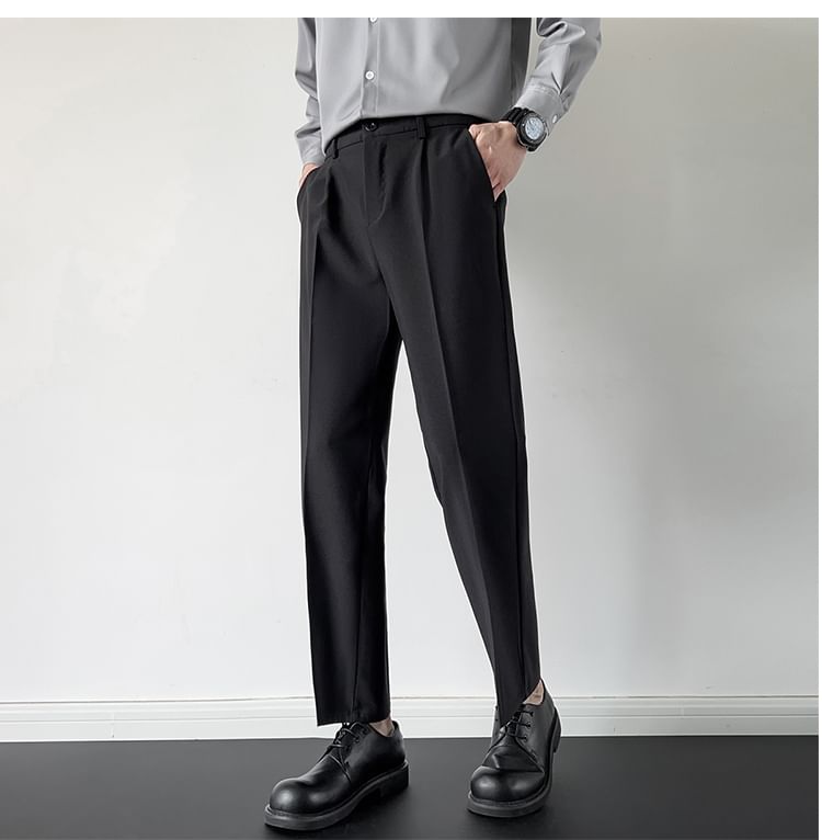 Nightbell - Mid Rise Plain Cropped Straight Leg Dress Pants