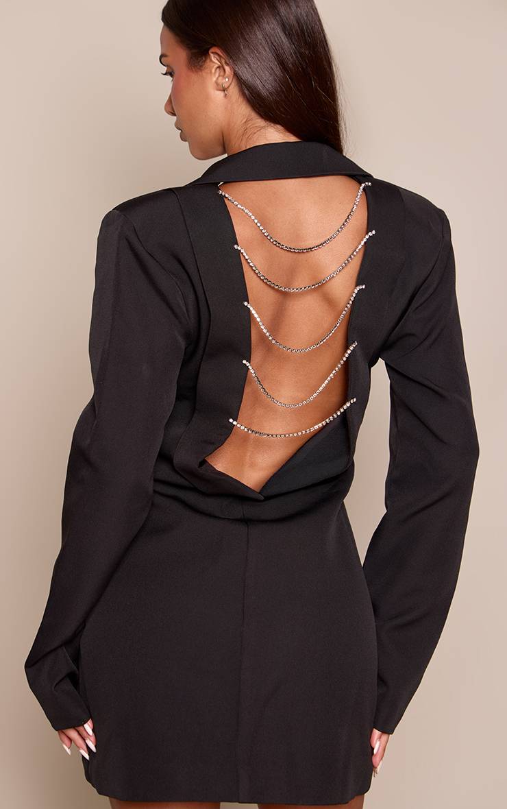 Noir Robe Blazer Tissée Avec Détail Dos En Strass