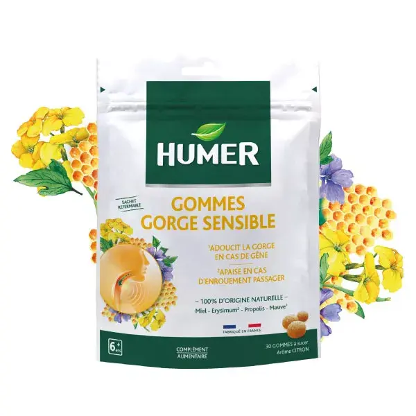 Gomas de mascar Humer Sensitive para garganta. Alivia a garganta a partir dos 6 anos de idade.