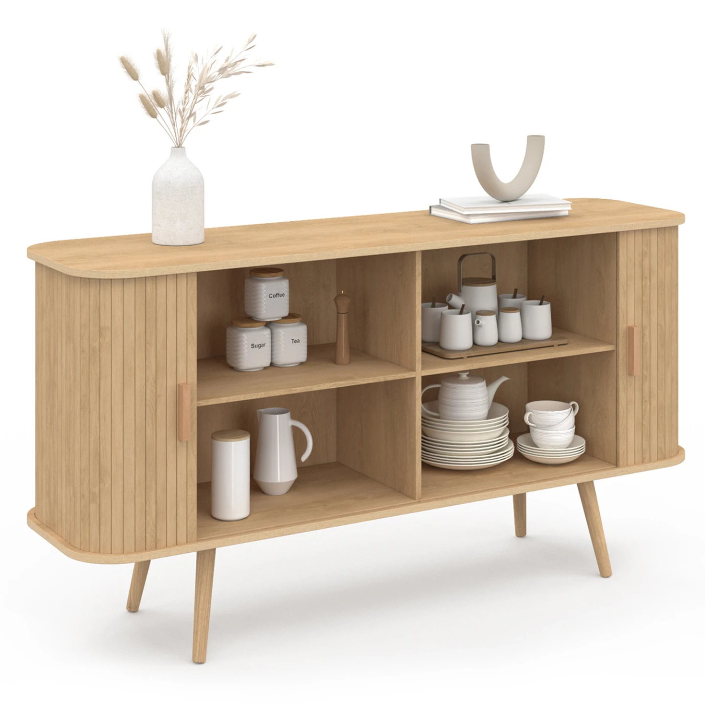 Buffet 140 cm ROMIE 2 portes coulissantes lattes tasseau bois coloris chêne