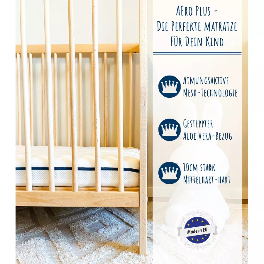 Kids Collective Kindermatratze AERO PLUS mit Ventilationsstreifen 10 cm hoch, Babymatratze 60 x 120 weiß mit Spannbettlaken