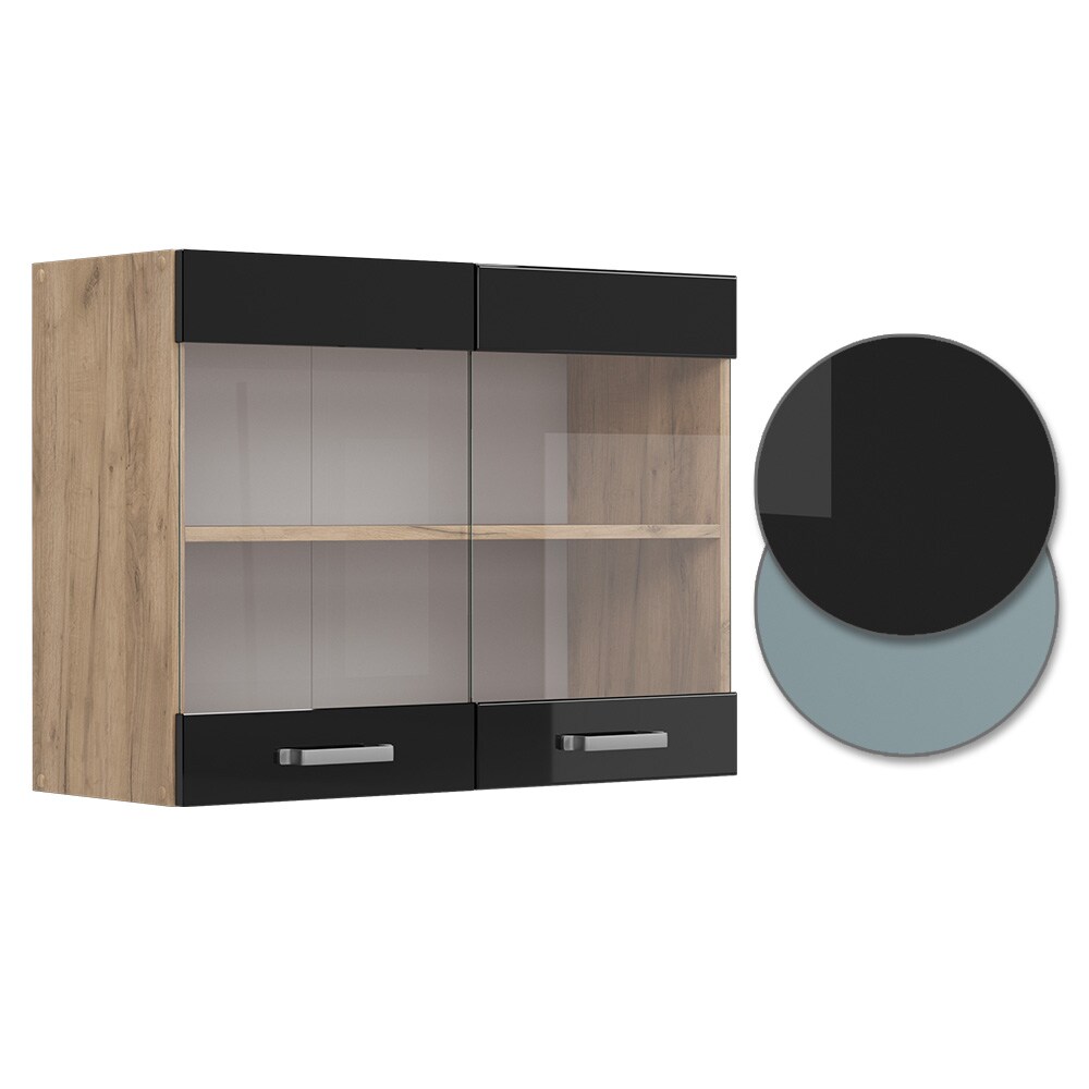 Vicco Glashängeschrank Küchenschrank R-Line Solid Eiche Schwarz 80 cm modern