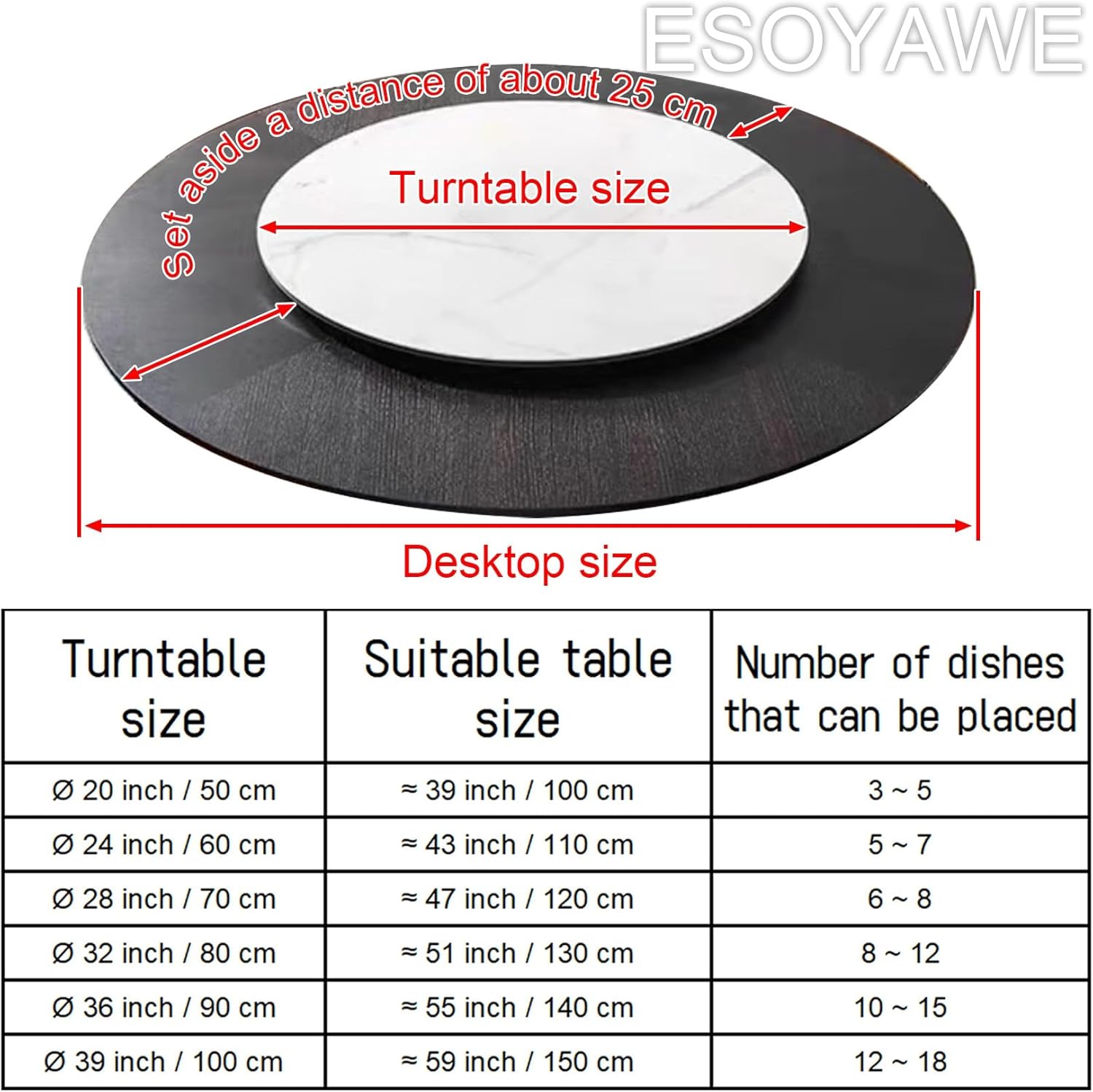 ESOYAWE Esstische Rundes Drehbares Tablet, 50 60 70 80 90 100 cm Tischplatte Drehtablett, Mit Silent Base Zum Einfachen Teilen Aller Speisen Holz Rotating Tablett, Für Küche Essen Parteien Hochzeit