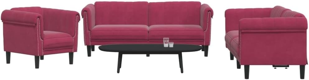 3-TLG. Samt Sofagarnitur Weinrot, Modernes Wohnzimmer Set mit 1 Sessel, 2-Sitzer & 3-Sitzer Sofa, Dick Gepolstert, Stabile Holzbeine, Gemütliches Lounging Möbel für Zuhause