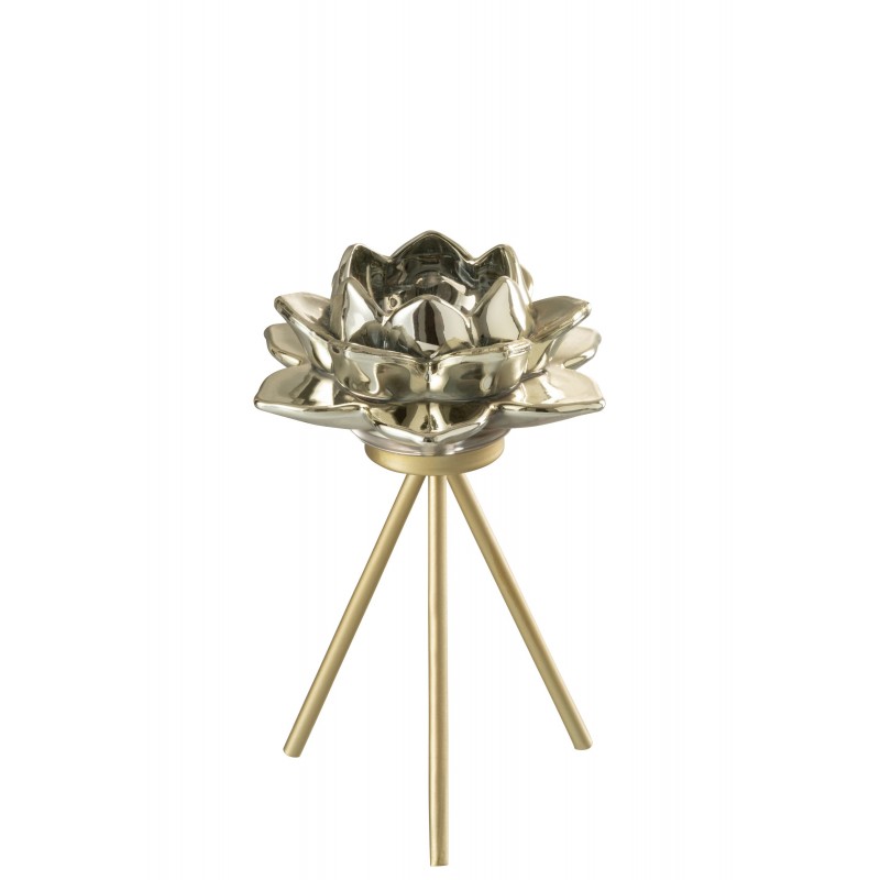 Photophore fleur sur pied en verre doré h18cm