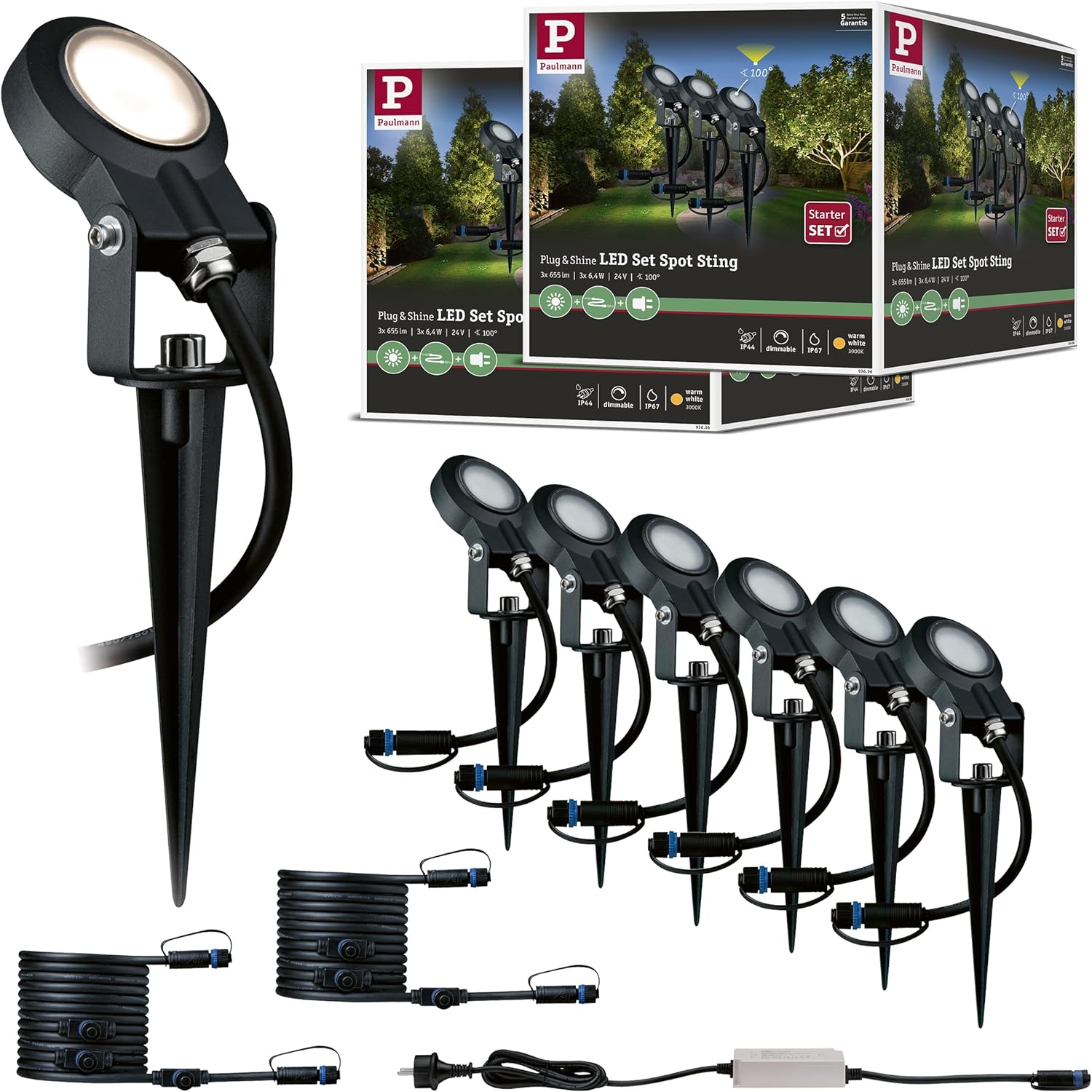 Paulmann 5217 Set Plug & Shine LED Gartenstrahler Sting 6er-Set IP67 rund 52mm 3000K 6x6,4W 6x270lm 230/24V Anthrazit Aluminium