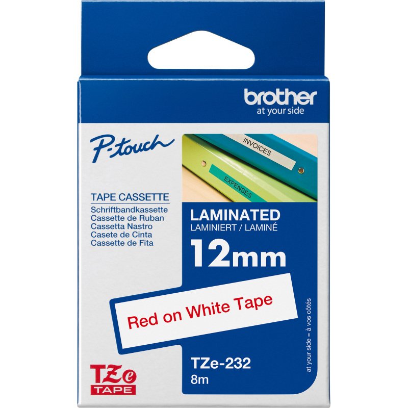Ruban laminé Brother 12 mm TZE 232 blanc écriture rouge
