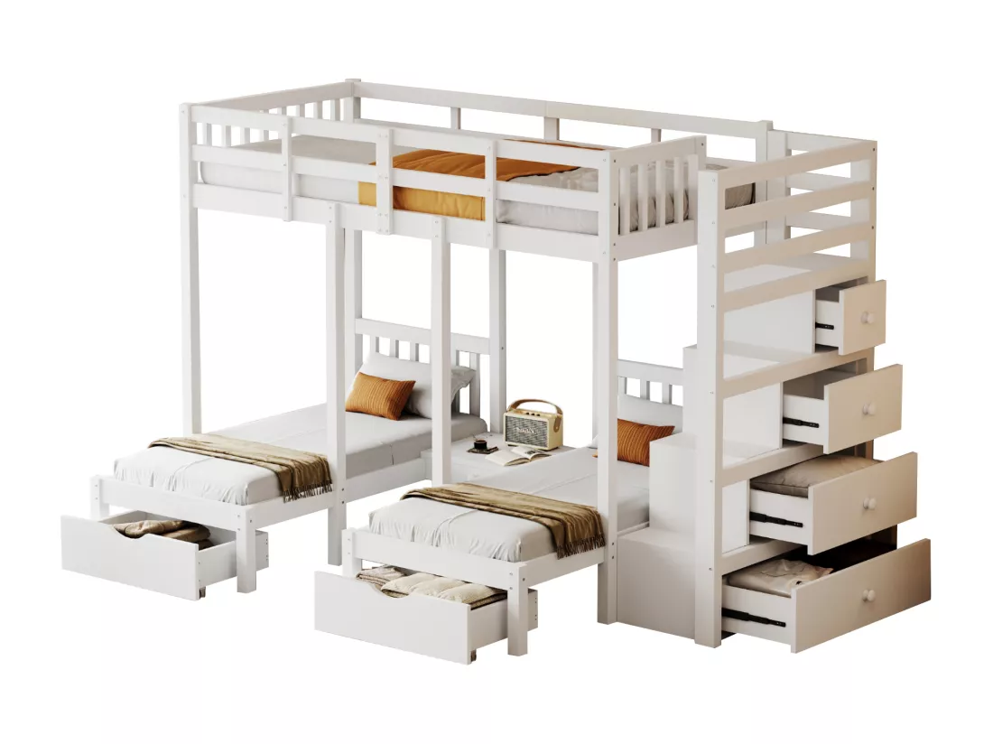 Lit superposé en bois 90x200cm + 2x70x140cm - avec 2 tiroirs et échelle de rangement - Blanc
