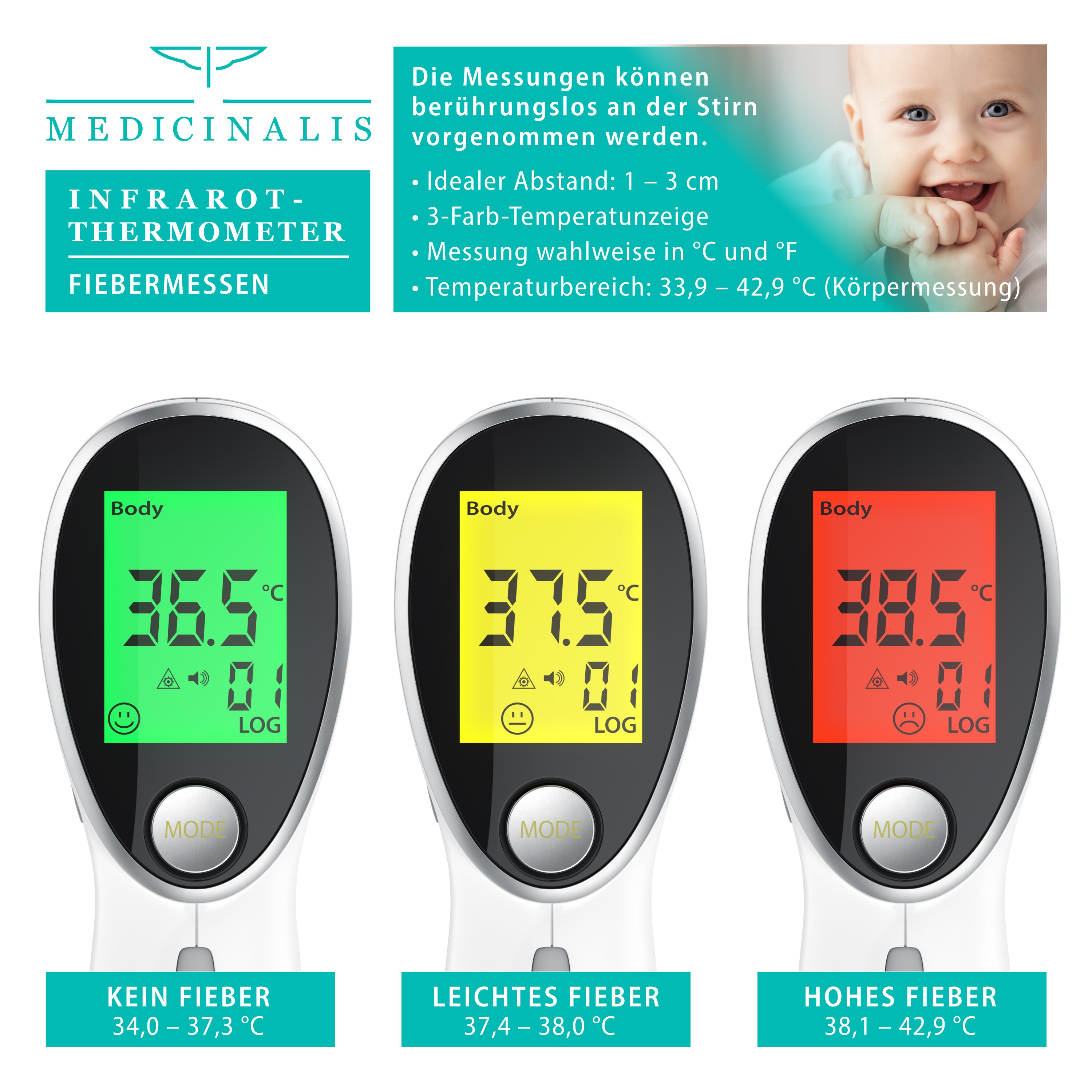 Medicinalis Infrarot Thermometer Fieberthermometer digital - berührungslose Messung und Oberflächenmessung- LCD-Display beleuchtet - Fieberalarm